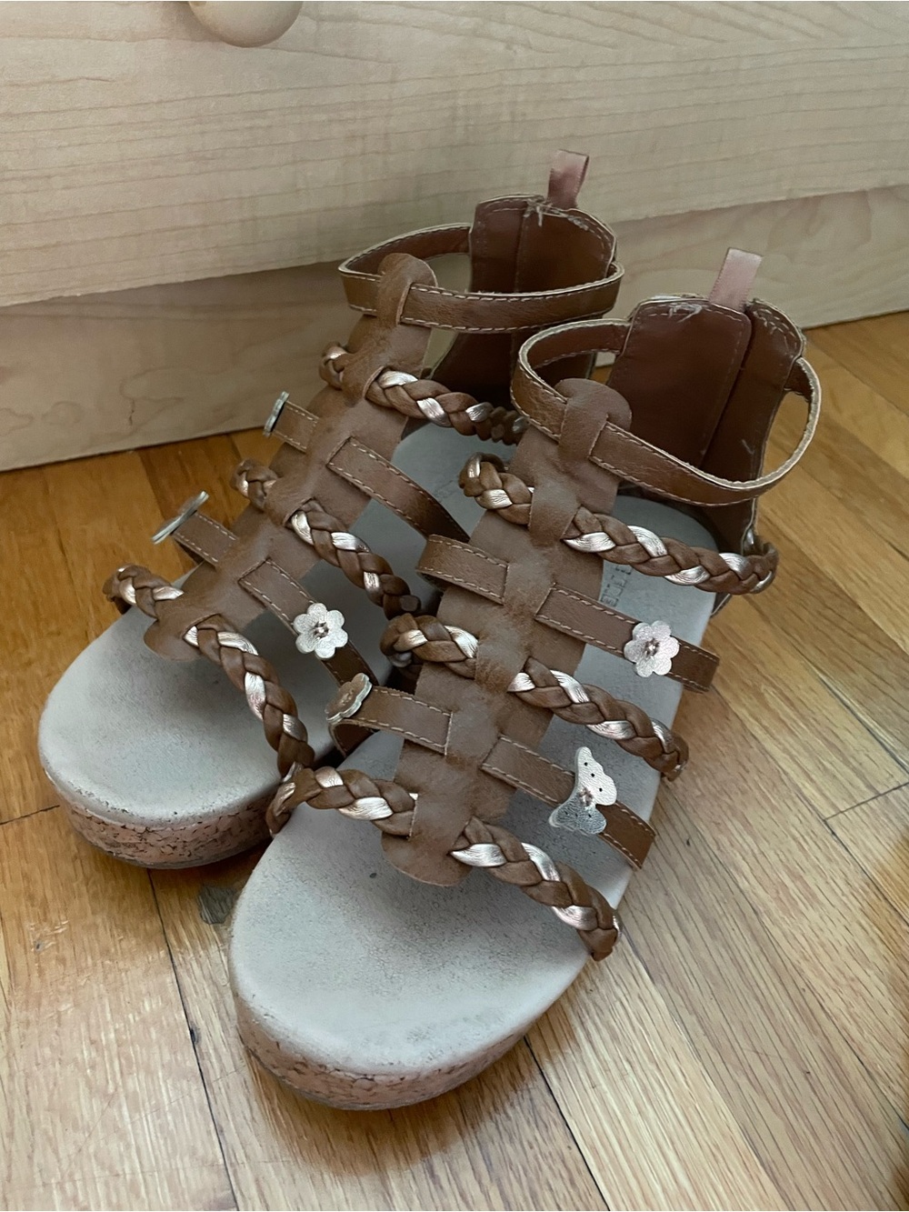 Brown Braided Sandals with Flower Embellishments